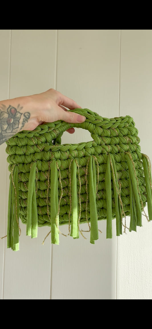Olive and gold fringe bag